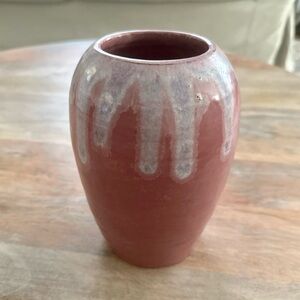 Vintage Art Pottery Raspberry Pink and Gray Drip Glazed Ceramic Vase